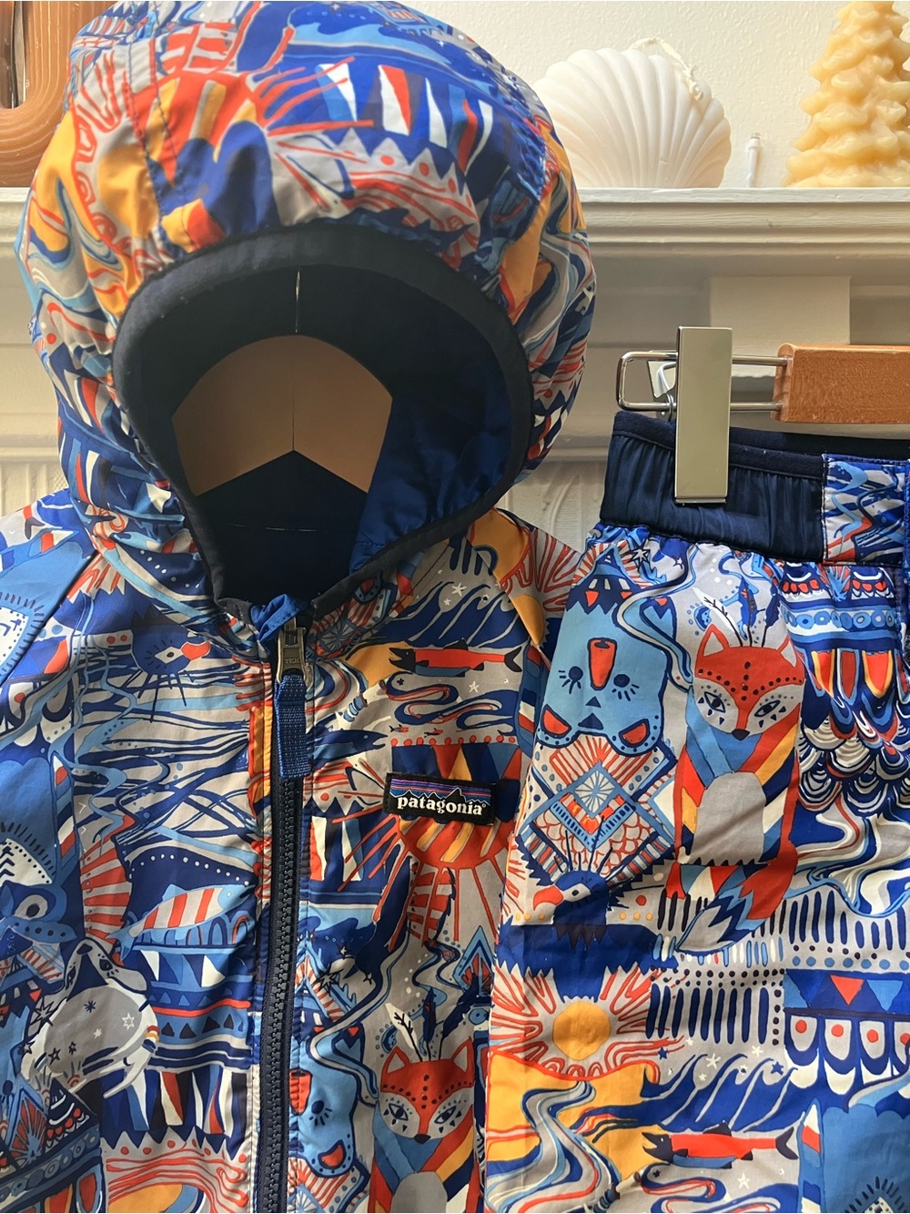 Patagonia Kids Hooded Jacket and Pants — Blue, Orange, Red, Cream Print